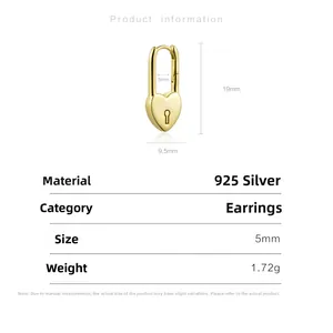 Detailed view of gold S925 silver heart lock earrings with size and weight specs