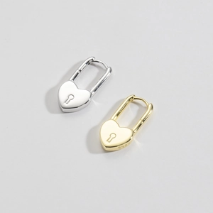 S925 sterling silver heart padlock earrings shown in both gold and silver finishes