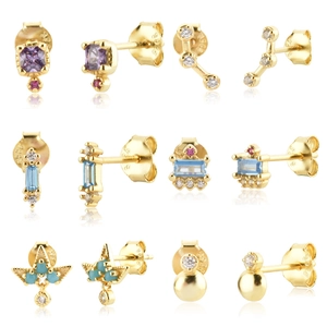 Pendientes de Botón de Plata de Ley 925 Chapados en Oro Zirconia Piedras Preciosas Coloridas Joyería Mujer