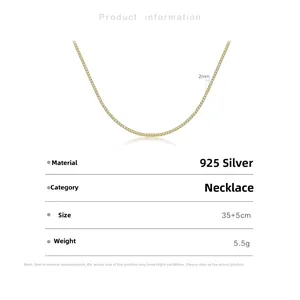 Vue détaillée du collier tennis en argent de 2 mm avec zircons et guide des tailles
