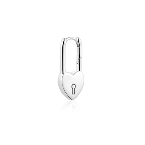 S925 sterling silver heart padlock drop earrings with a polished finish on white background