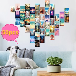 50pcs set of cartoon street and landscape art postcards displayed in a heart shape on a wall