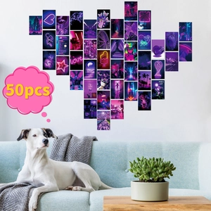 50pcs Purple Aesthetic Wall Collage Kit with Neon Art and Dreamy Landscapes Decor
