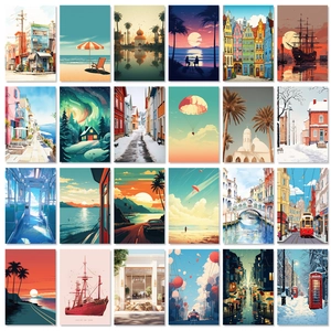 Set of 24 artistic cartoon street landscape wall decor cards with various scenic views