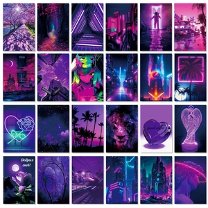 50-piece purple dream aesthetics wall collage kit with neon cyberpunk art cards