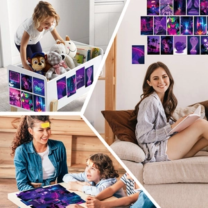 Detail of purple cyberpunk aesthetic decorative cards for wall DIY and collage