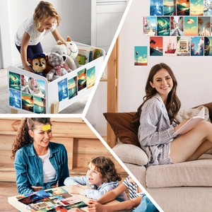 Artistic landscape decoration cards showing scenic views on wall and desk surfaces