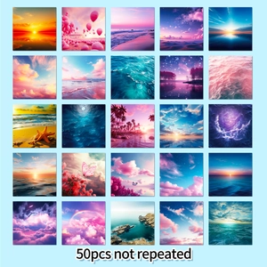 50pcs non-repeating square stickers featuring artistic nature landscapes and starry sky views