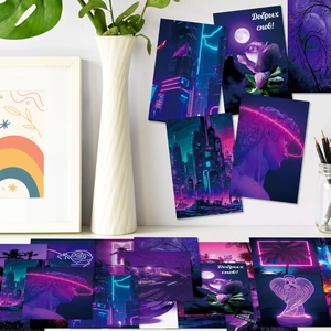 Detail of purple cyberpunk and vaporwave aesthetic wall decor cards on a white wall