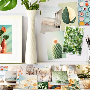 Detailed view of Nordic style wall decor cards with cactus and beach landscape themes