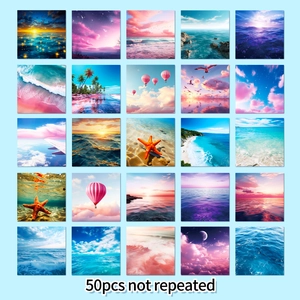 50pcs non-repeating scenic aesthetic stickers featuring sunset ocean and nature landscapes