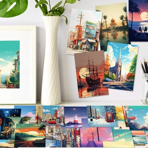 Artistic cartoon street scenery wall decor cards with illustrations and postcards