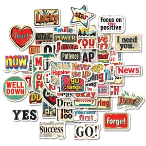 Detail showing vintage American style waterproof stickers with retro graffiti and text