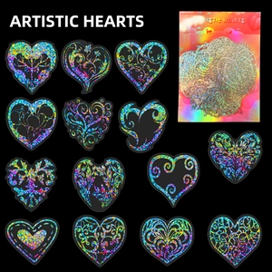 Macro view of assorted holographic heart stickers with intricate laser cut patterns