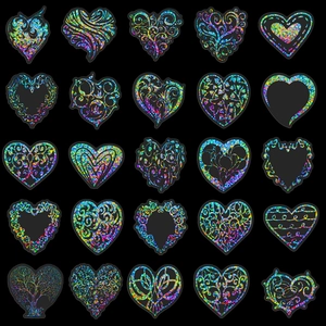 Set of 50 holographic heart stickers with unique rainbow mosaic patterns for luggage