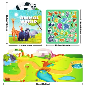 Reusable Animal World jelly sticker book set with zoo scene map and handle for toddlers