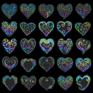 50pcs heart-shaped holographic laser stickers with various artistic patterns for luggage
