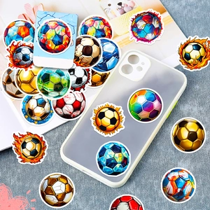 Collection of artistic soccer stickers shown decorating a clear phone case and desk