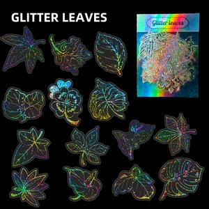 Détail d'autocollants laser en forme de feuilles pailletées avec emballage de vente