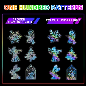 Macro-detail van 50 laser holografische kerststickers met diamant- en kleurverschuivende effecten