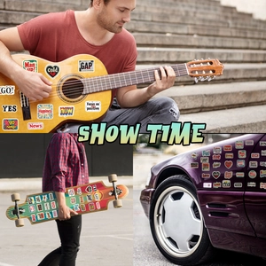Detail of vintage American graffiti stickers applied on a guitar and a longboard