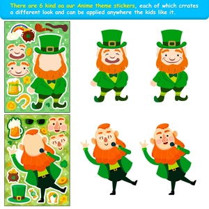 6 pack DIY St. Patrick's Day stickers featuring Leprechaun cartoons and clover puzzle mix