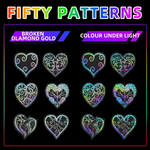Macro detail of fifty holographic heart stickers with intricate laser patterns
