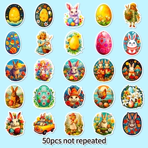 Lot de 50 autocollants de Pâques avec lapins et œufs aux motifs colorés