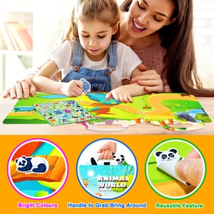 Detail showing reusable animal jelly stickers and portable carry handle design