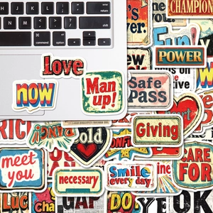 Detail shot of vintage American style waterproof PVC stickers with motivational phrases