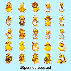 Set of 50 unique yellow duck cartoon stickers in various costumes and poses on blue background