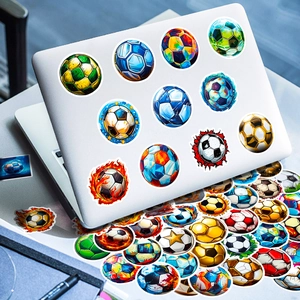 Creative soccer stickers with colorful designs applied on a laptop for decoration