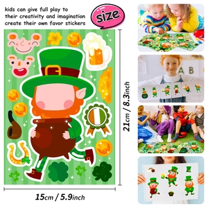 Detailed sheet of St. Patrick's Day DIY leprechaun stickers with 21x15cm dimensions