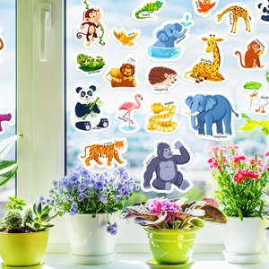 Detail of reusable zoo animal jelly stickers for kids with educational English labels
