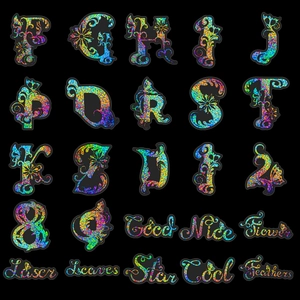 Holographic alphabet and number stickers with floral motifs on black background