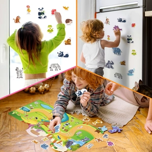 Reusable animal stickers shown on glass, fridge and map for educational play