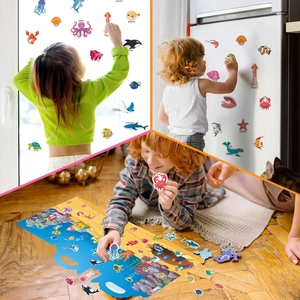 Marine life jelly stickers shown on various surfaces like glass and fridge for kids