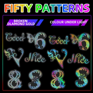 Detail of silver laser alphabet stickers showing broken diamond glitter effect under light