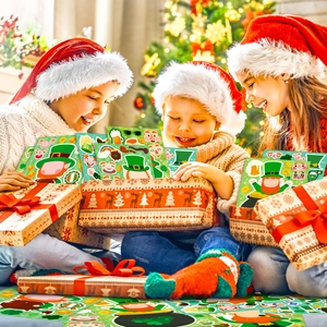 Happy children opening a gift box filled with St. Patrick's Day cartoon stickers