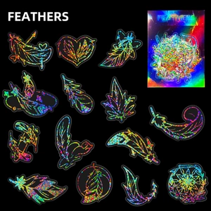 Gedetailleerde holografische lasersticker set met boheemse veer- en dromenvangerpatronen