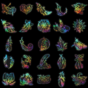 25 stuks holografische veren stickers met zilveren laser finish en boheemse iconen