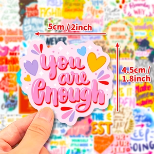 Waterproof pink sticker with You are Enough quote and colorful heart motifs