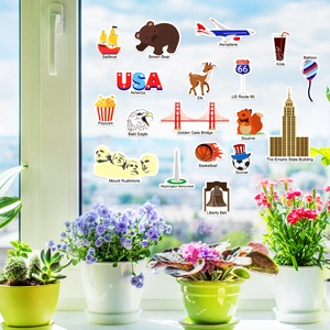 Detail of USA map reusable jelly stickers featuring icons like Golden Gate and Statue of Liberty