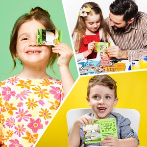 Three scenes of children playing educational guess what cards for early learning