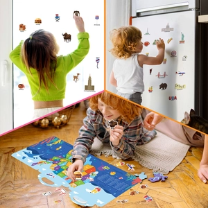Educational USA map jelly stickers showing animal and landmark scenes on various surfaces