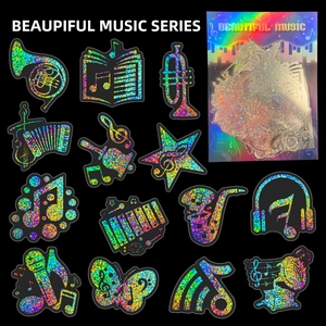 Vue détaillée des autocollants musicaux holographiques laser avec divers instruments