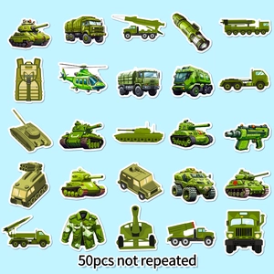 50pcs non-repeating cartoon military stickers featuring camouflage tanks and aircraft