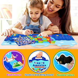 Detail of USA map jelly sticker book showing colorful landmarks and portable handle for kids