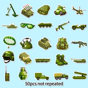 Set of 50 unique military cartoon stickers featuring tanks and tactical gear for boys