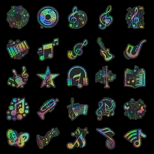 Set de 50 autocollants musicaux laser avec notes et instruments colorés sur fond noir